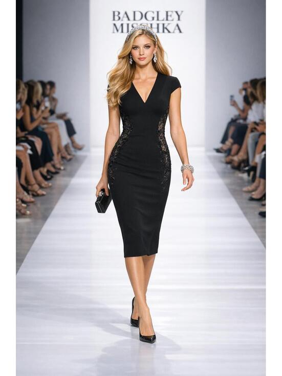 Badgley Mischka Dresses & Skirts - BADGLEY MISCHKA Embellished Tulle-Paneled Crepe Midi Dress Black Cap Sleeve sz 4